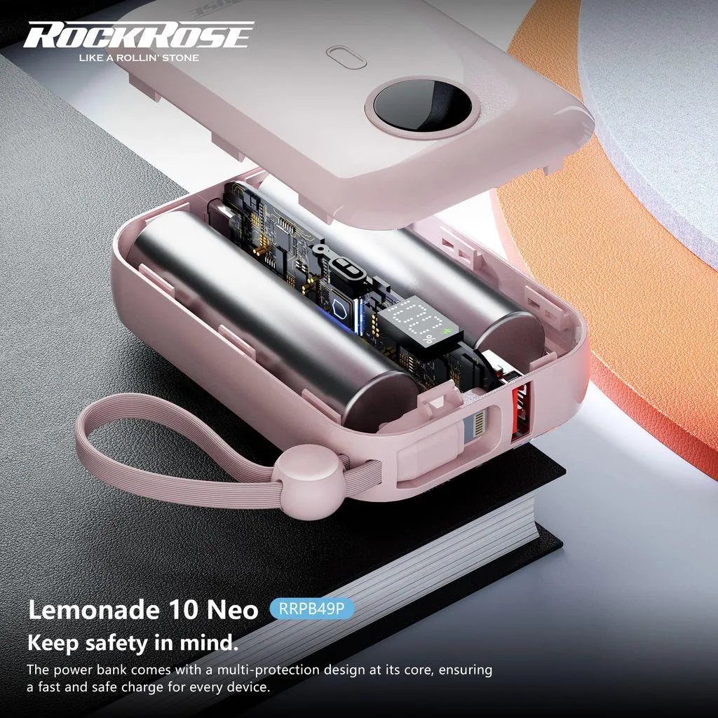 ROCKROSE RRPB49P LEMONADE 10 NEO 10000mAh 20W PD/22.5W Quick Charge Power Bank with Built-in Lightning/USB-C Cable (Pink) - Image 2