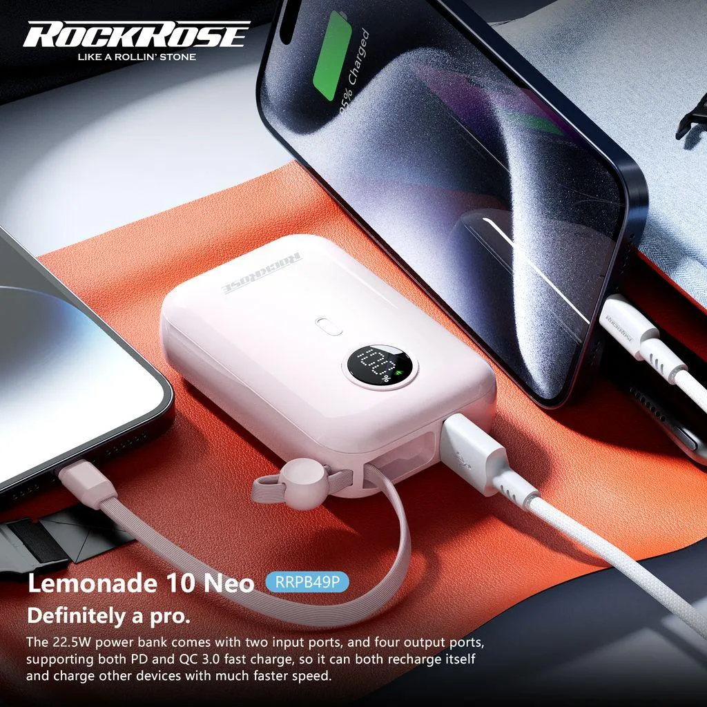ROCKROSE RRPB49P LEMONADE 10 NEO 10000mAh 20W PD/22.5W Quick Charge Power Bank with Built-in Lightning/USB-C Cable (Pink) - Image 3