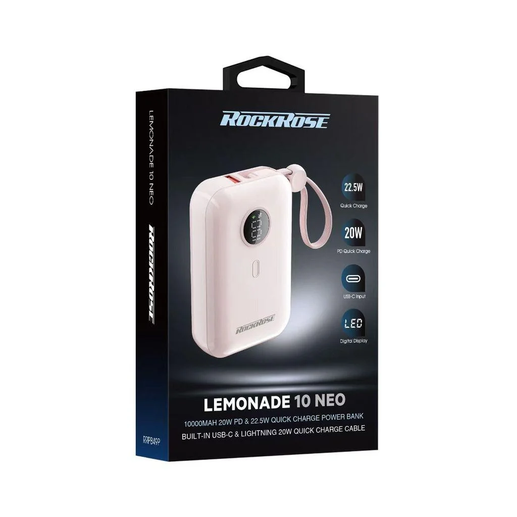 ROCKROSE RRPB49P LEMONADE 10 NEO 10000mAh 20W PD/22.5W Quick Charge Power Bank with Built-in Lightning/USB-C Cable (Pink) - Image 4