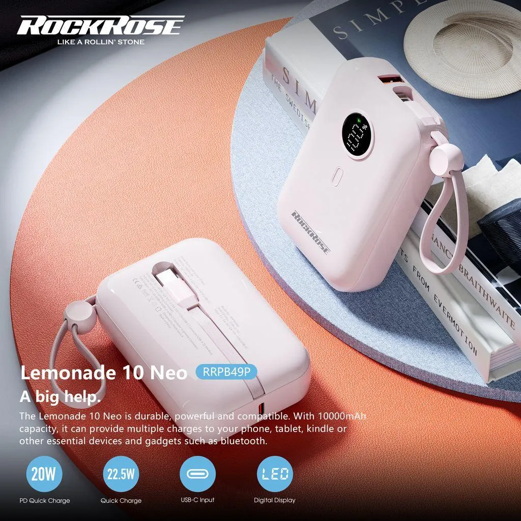 ROCKROSE RRPB49P LEMONADE 10 NEO 10000mAh 20W PD/22.5W Quick Charge Power Bank with Built-in Lightning/USB-C Cable (Pink) - Image 5
