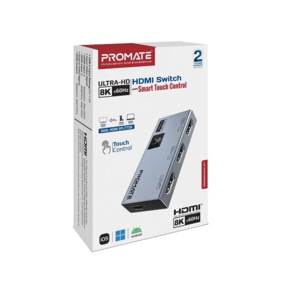 PROMATE MediaSwitch 2T Ultra HD 8K 60Hz HDMI Switch with Smart Touch Control Space Grey 8