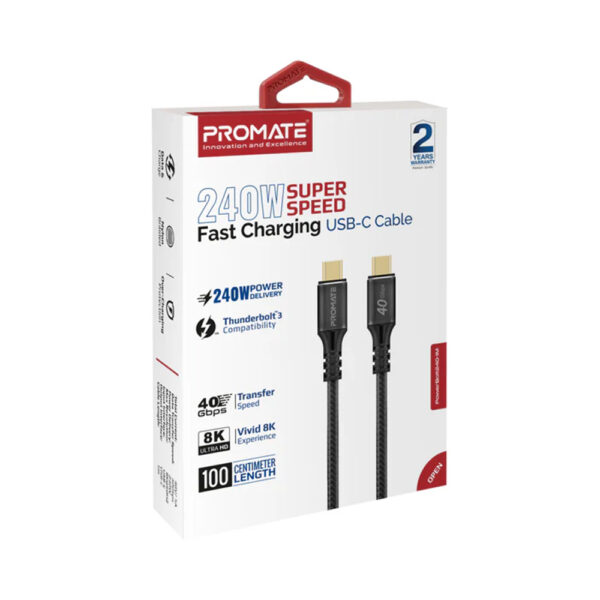 PROMATE PowerBolt240 1M 40Gbps 240W 8K Thunderbolt 3 USB C to USB C Cable 1m Black 2