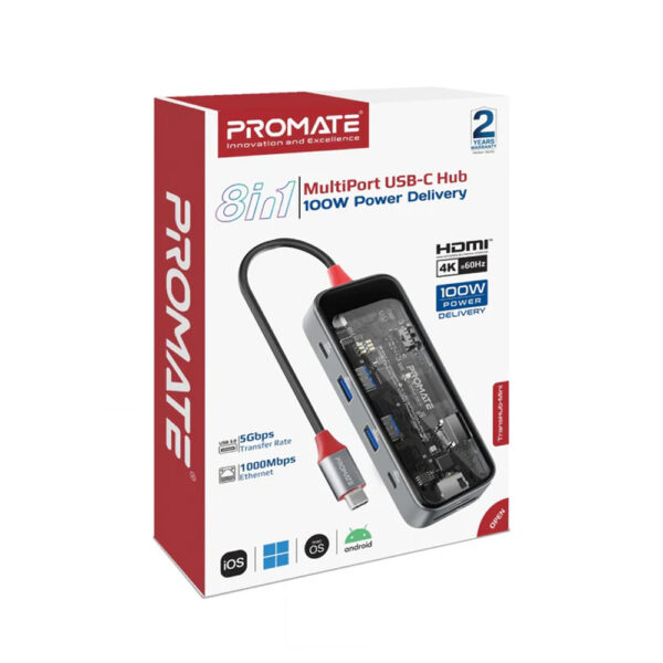 PROMATE TransHub Mini 8 in 1 4K 60Hz Multiport USB C 100W PD Hub Black