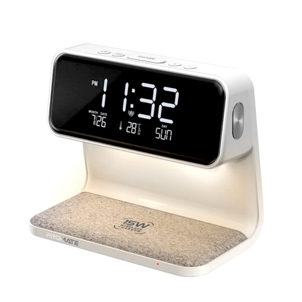 PROMATE Lumix 15W 3 in 1 LED Alarm Clock with 15W Wireless Charger White