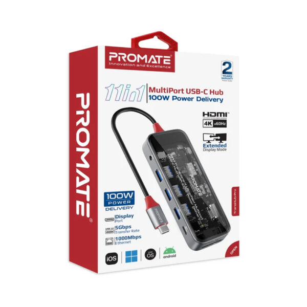 PROMATE TransHub Pro 11 in 1 4K 60Hz 5Gbps Multiport USB C 100W PD Hub Black 2