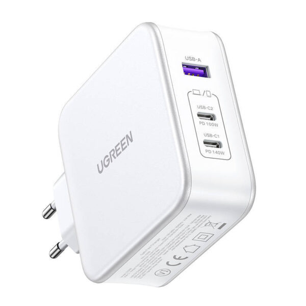 UGREEN 15339 CD289 Nexode 3 Port 2xUSB C 1xUSB A 140W PD GaN Fast Charger with 1.5m USB C to USB C Cable White 2