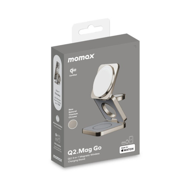 ⁦momax UD31L Q2.Mag Go Qi2 3-in-1 Magnetic Wireless Charging Stand -Natural Titanium Chroma⁩ - الصورة ⁦10⁩