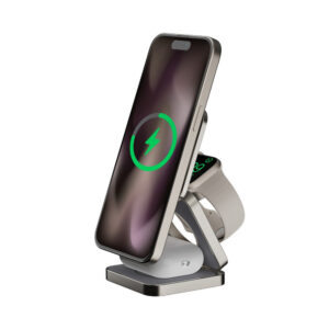 momax UD31L Q2.Mag Go Qi2 3 in 1 Magnetic Wireless Charging Stand Natural Titanium Chroma3