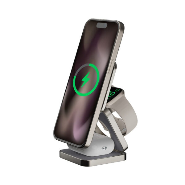 ⁦momax UD31L Q2.Mag Go Qi2 3-in-1 Magnetic Wireless Charging Stand -Natural Titanium Chroma⁩ - الصورة ⁦3⁩