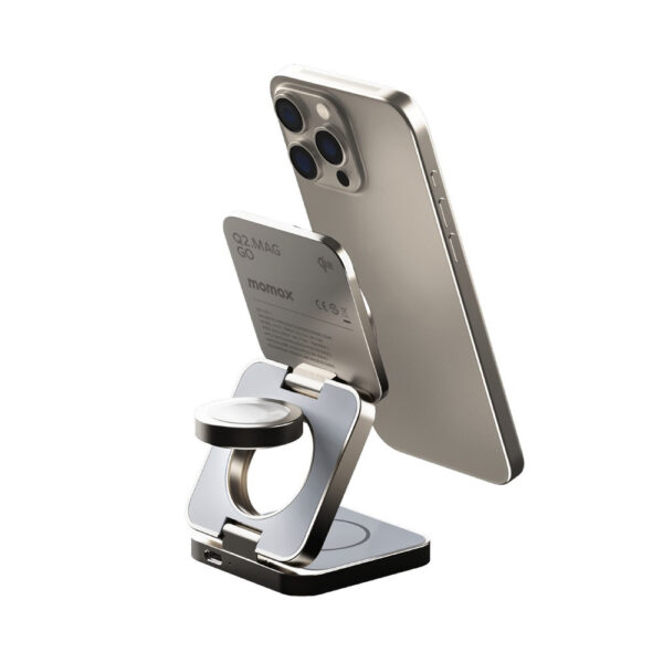 momax UD31L Q2.Mag Go Qi2 3 in 1 Magnetic Wireless Charging Stand Natural Titanium Chroma5