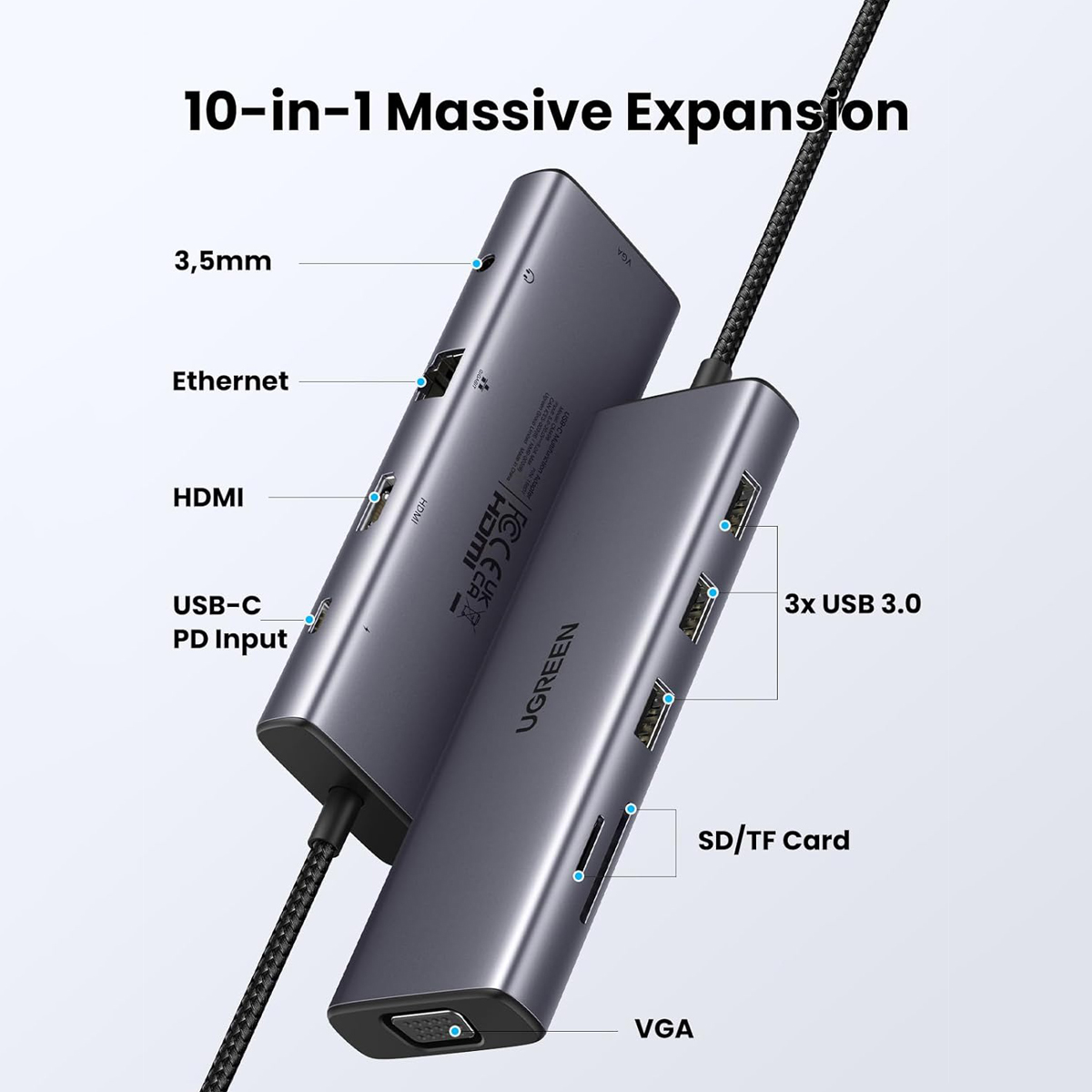 UGREEN 15601 CM498 10 in 1 USB C 4K 30Hz 5Gbps 100W 1000Mbps Multifunction Adapter Space Grey 1