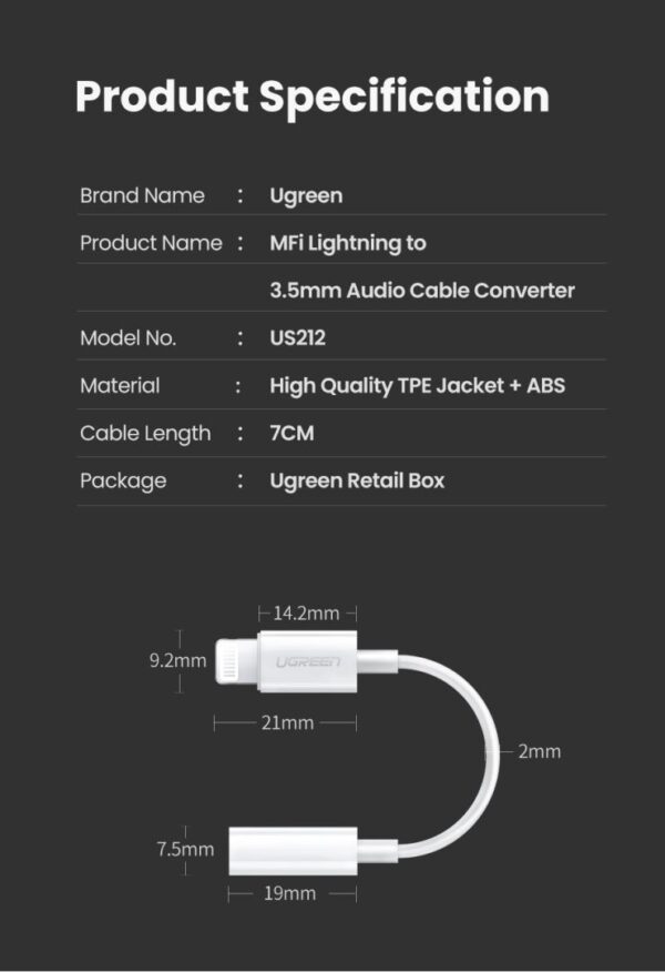 UGREEN 30759 Lightning to AUX 3.5mm Headphone Jack Adapter White 6