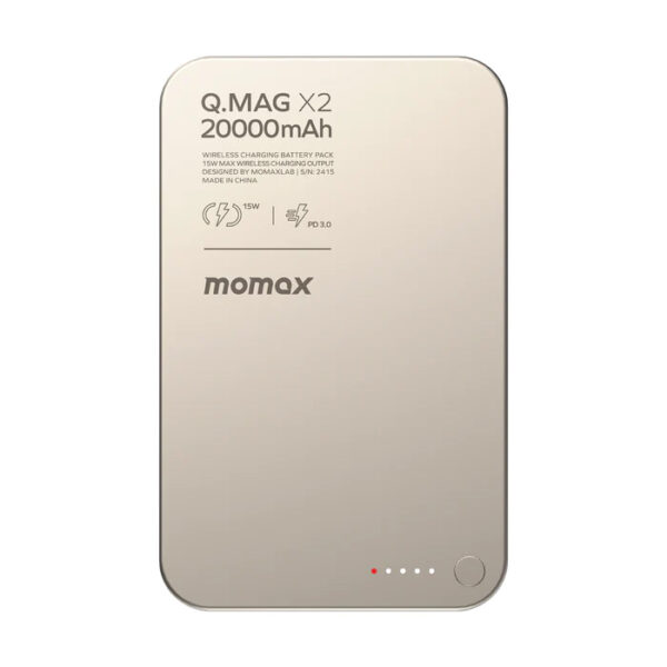 ⁦momax IP133E Q.MAG X2 20000mAh 15W Magnetic Wireless Battery Pack 23.5mm Ultra Compact -Natural Titanium⁩ - الصورة ⁦2⁩