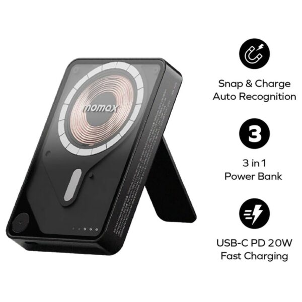 momax IP132HKD 1-Power X Pro+ 10000mAh 15W Magnetic Wireless Battery Pack with Stand and Built-in USB-C Cable -Black - Image 3