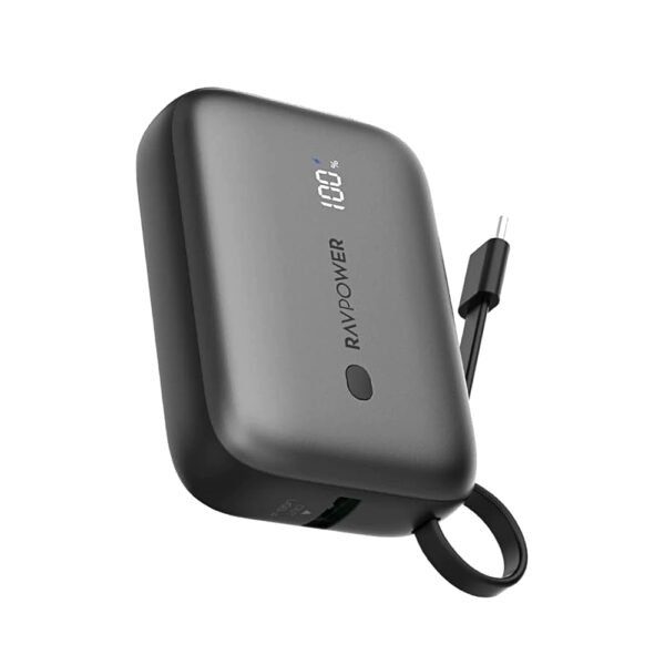 RAVPOWER RP-PB1224 PD Pioneer 10000mAh 20W 2-Port Built-in USB-C Cable Power Bank -Black