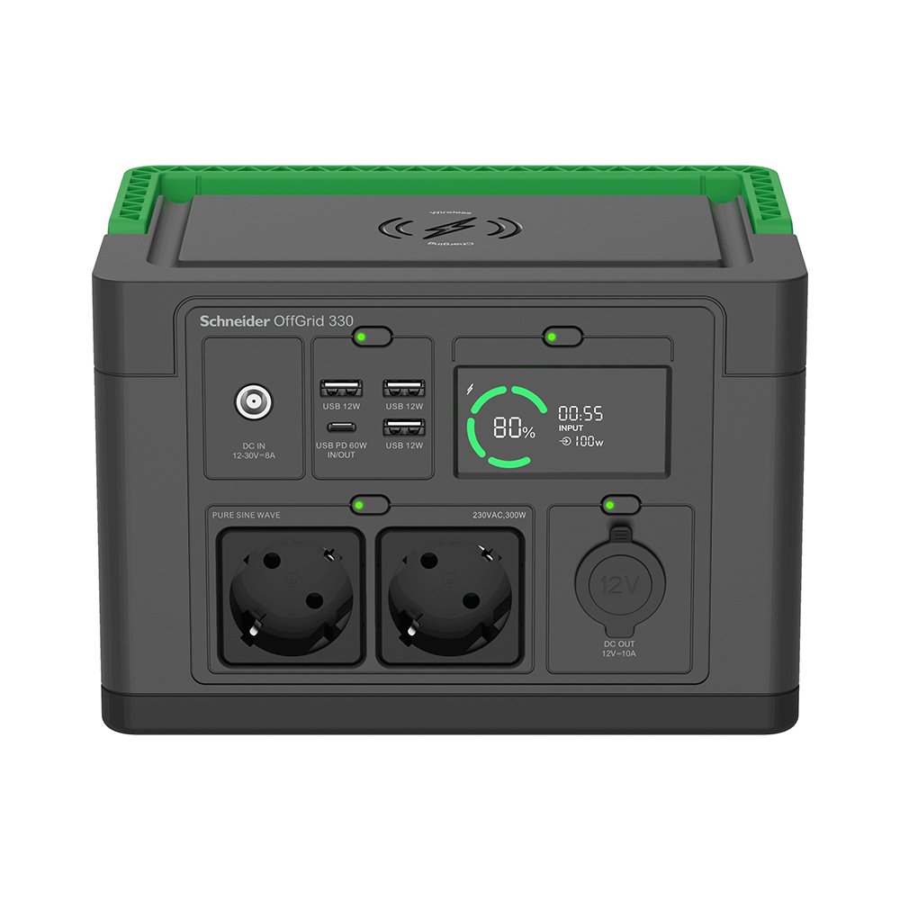 Schneider PPS330-GR OffGrid 330 Portable Power Station 230V/332Wh Lithium-ion/LCD/3xUSB-A/1xUSB-C/Wireless Charger