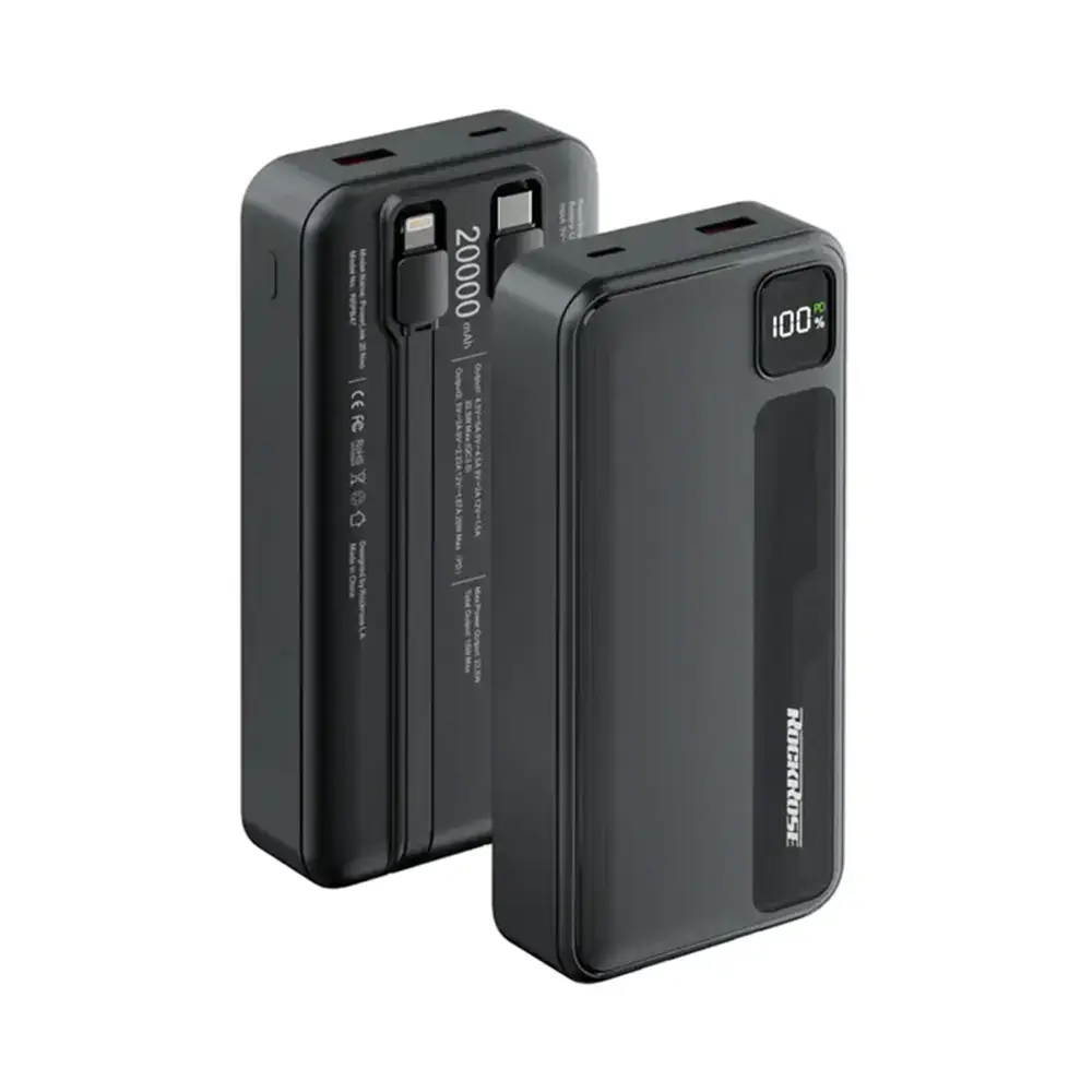 ROCKROSE RRPB47 POWERLINK 20 NEO 20000mAh 20W PD/22.5W Quick Charge Power Bank with Built-in Lightning/USB-C Cable
