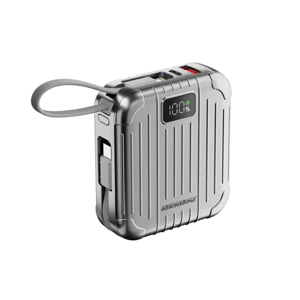 ROCKROSE RRPB58 RIDGE GRANITE 10000mAh 20W PD/22.5W Quick Charge Power Bank with Built-in Lightning/USB-C Cable (Silver)