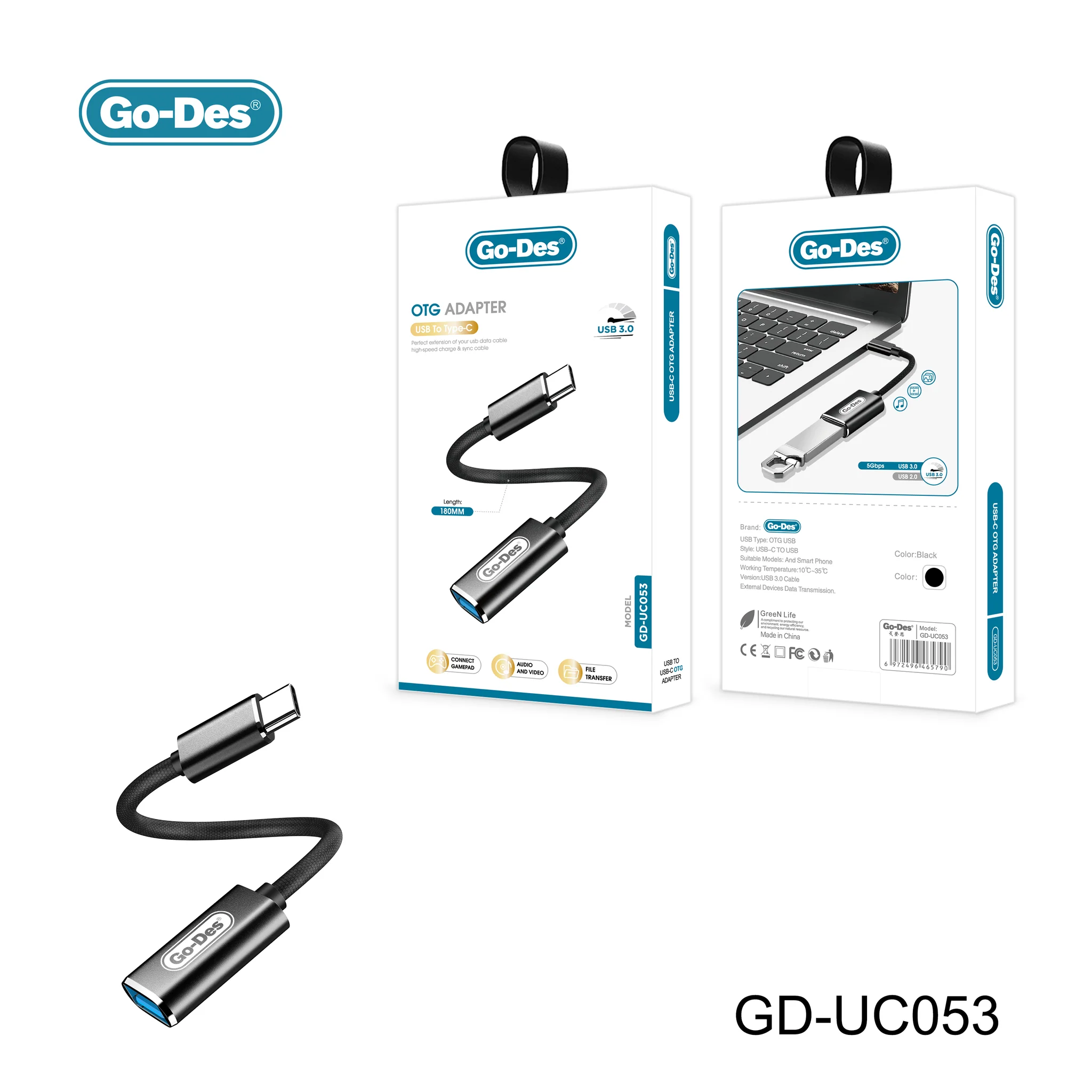 Go-Des GD-UC053 USB-C Male to USB-A Female OTG Adapter (Black) - Image 2