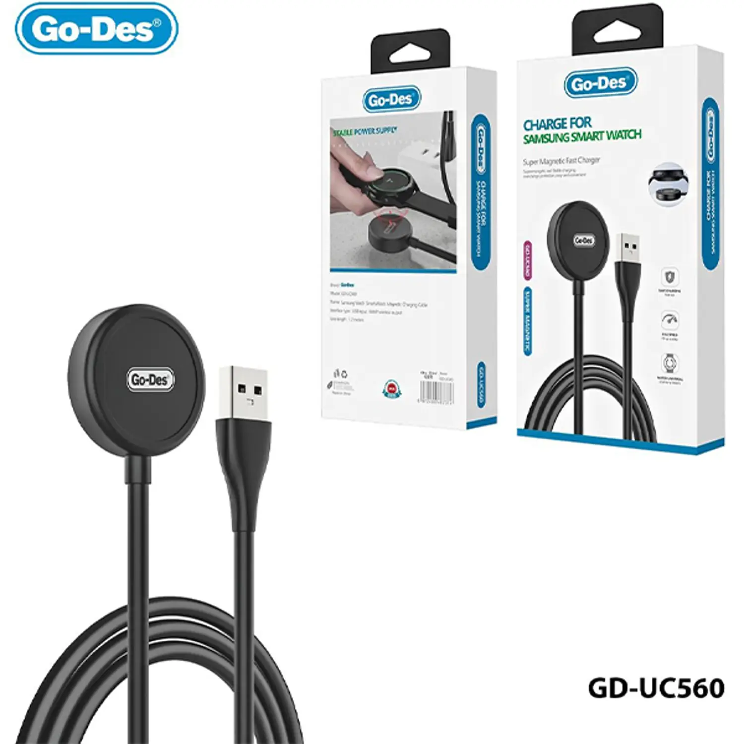 Go-Des GD-UC560 SAMSUNG Smart Watch Magnetic Charging USB-A Cable 1.2m (Black) - Image 2