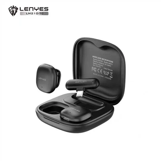 LENYES LM210-TC AI Smart Wireless Lavalier USB-C Microphone Black with Dual Microphones, AI Noise Cancellation, 50m Wireless Range, USB-C Receiver, and Portable Charging Case