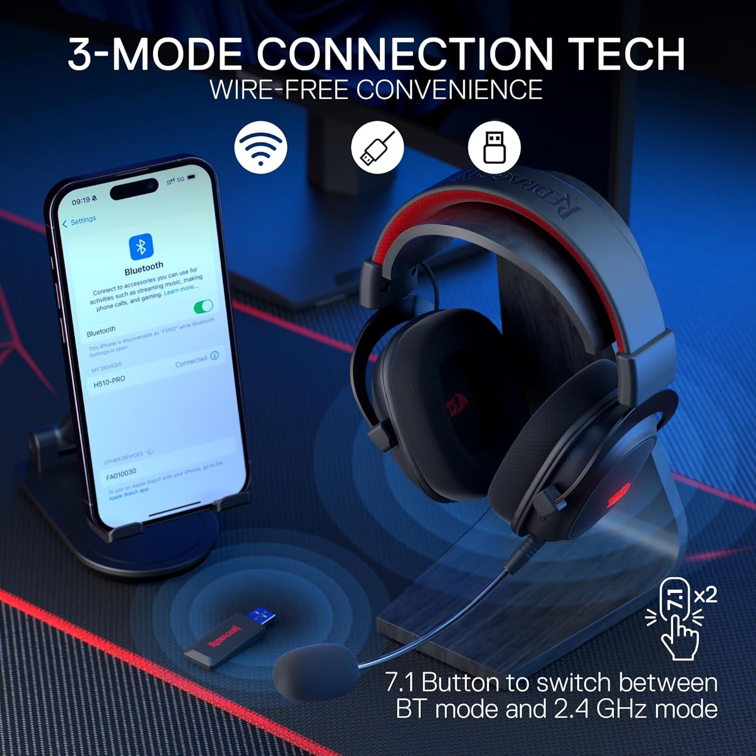 REDRAGON ZEUS PRO RGB Wireless 7.1 Surround Sound Gaming Headset H510-PRO (Black) - Image 3