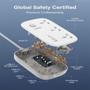 LDNIO SC6 (3xAC Sockets + 2xUSB-C Ports + 2xUSB-A Ports ) 3250W 2.0m Power Strip (White) - Image 4