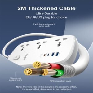 LDNIO SC6 (3xAC Sockets + 2xUSB-C Ports + 2xUSB-A Ports ) 3250W 2.0m Power Strip (White) - Image 3