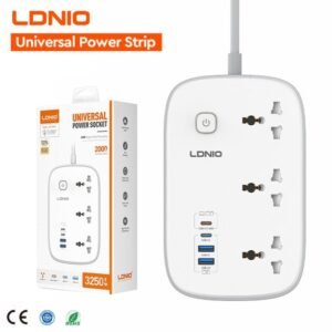 LDNIO SC6 3250W Power Strip White with 3 AC outlets, 2 USB-C fast charging ports, 2 USB-A charging ports, and 2-meter heavy-duty power cable
