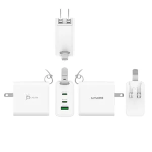 j5create JUP3563CV 65W GaN USB-C 3-Port Traveler Charger With Changeable AC Plugs And USB-C Cable-WHITE - Image 4