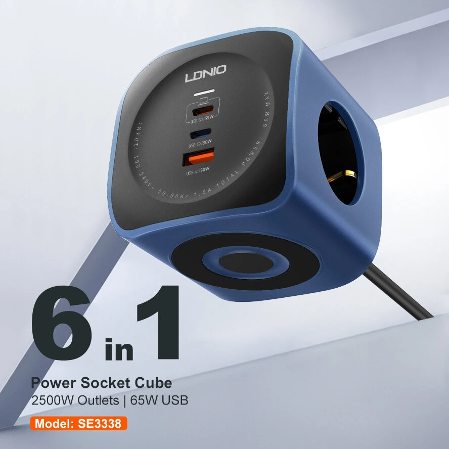 LDNIO SC3338 (3xAC Sockets + 2xUSB-C Ports + 1xUSB-A Port) 2500W 2.0m Power Strip (Black) - Image 2