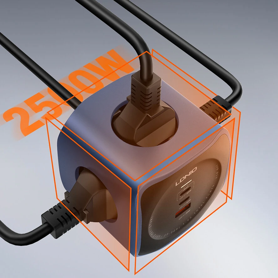 LDNIO SC3338 (3xAC Sockets + 2xUSB-C Ports + 1xUSB-A Port) 2500W 2.0m Power Strip (Black) - Image 4