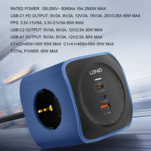 LDNIO SC3338 (3xAC Sockets + 2xUSB-C Ports + 1xUSB-A Port) 2500W 2.0m Power Strip (Black) - Image 7