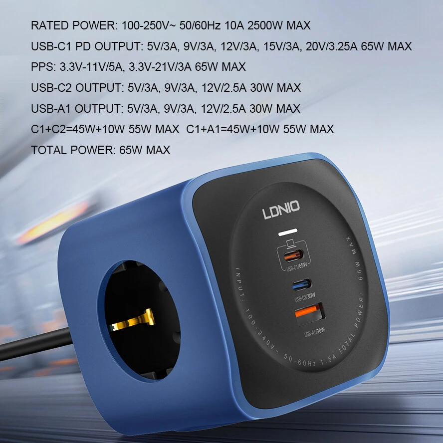 LDNIO SC3338 (3xAC Sockets + 2xUSB-C Ports + 1xUSB-A Port) 2500W 2.0m Power Strip (Black) - Image 7