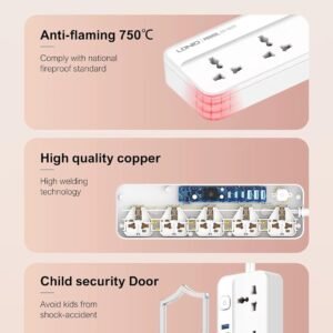 LDNIO SC5614C (5xAC Sockets + 3xUSB-C Ports + 3xUSB-A Ports) 2500W 2.0m Power Strip (White) - Image 8