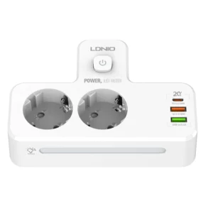 Alternative view of LDNIO SE2337 (2xAC Sockets + 1xUSB-C Port + 2xUSB-A Ports) 2500W Power Strip with LED Night Lamp (White)