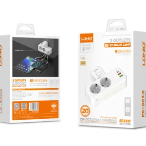 LDNIO SE2337 (2xAC Sockets + 1xUSB-C Port + 2xUSB-A Ports) 2500W Power Strip with LED Night Lamp (White) - Image 5