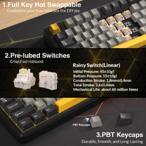 AULA WIND L99 Raindrop SW Hot Swappable 3.98inch IPS Touchscreen 8000mAh TKL RGB 3-Mode Mechanical Gaming Keyboard (Dark Grey/Light Grey/Yellow) - Image 9