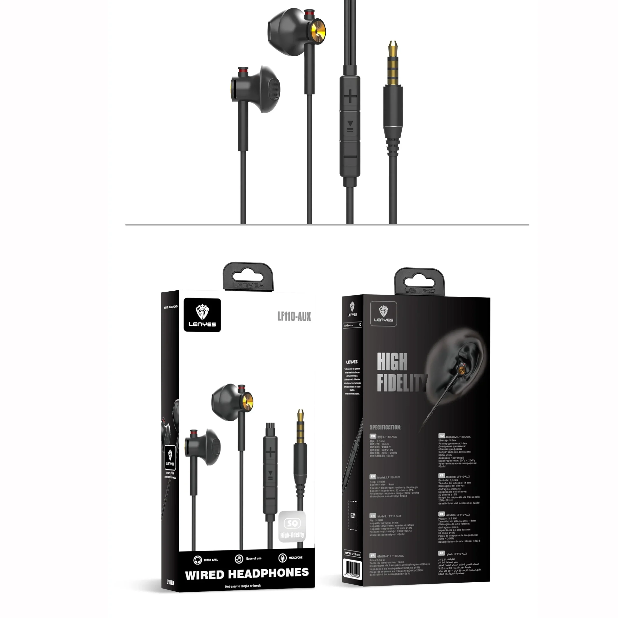 LENYES LF110-AUX 3.5mm Wired Earphone (Black) - Image 2