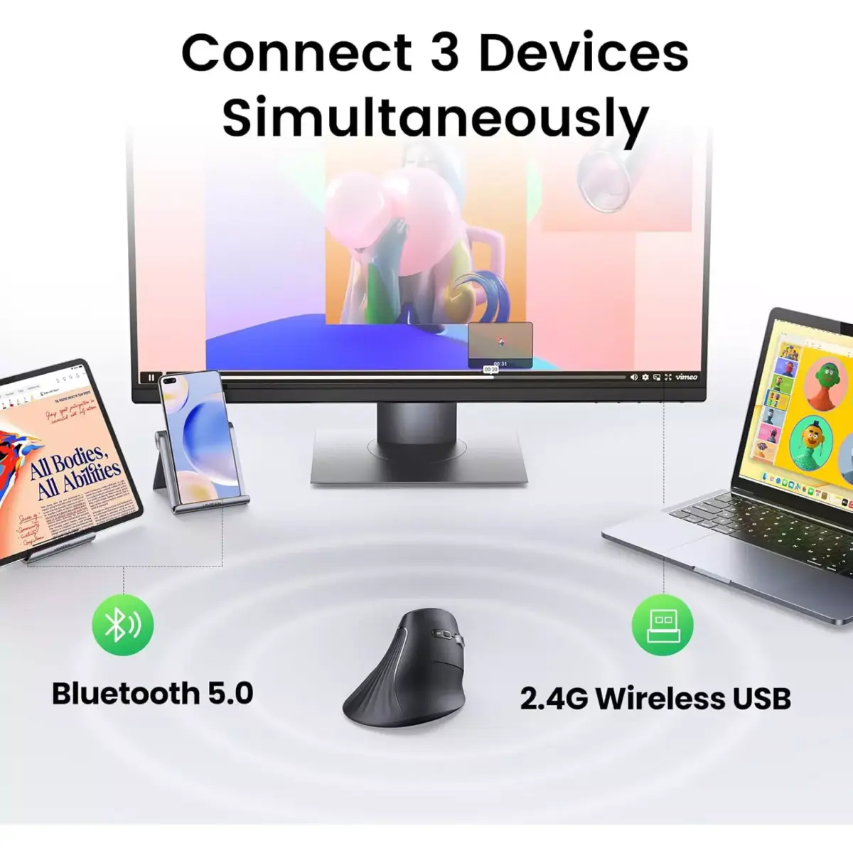 UGREEN 85081 MU008S Multi-Mode Wireless & Bluetooth Vertical Mouse - Image 8