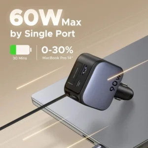 UGREEN Nexode 55909B EC603 90W 2-Port (1xUSB-A + 1xUSB-C) Fast Car Charger with USB-C Retractable Cable 0.7m (Space Grey) - Image 5
